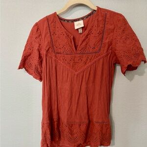 Knox Rose Rust Orange Eyelet Lace Short Sleeve Blouse
